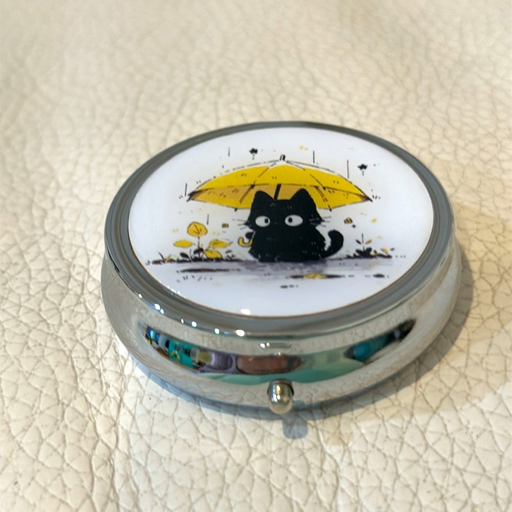 NIB Compact 3-Compartment Metal Pill Case with Black Cat Design
